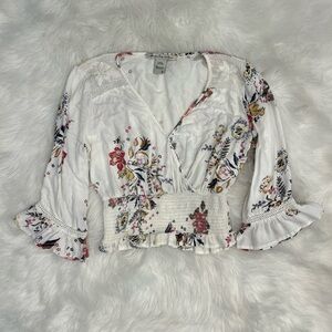 American Rag White Floral Wrap Blouse with Smocked Waist & FlutterSleeves Small